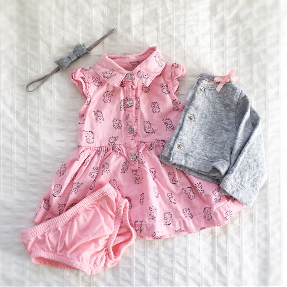 EUC Owl Dress/Cardigan Set by Carter’s & Headband